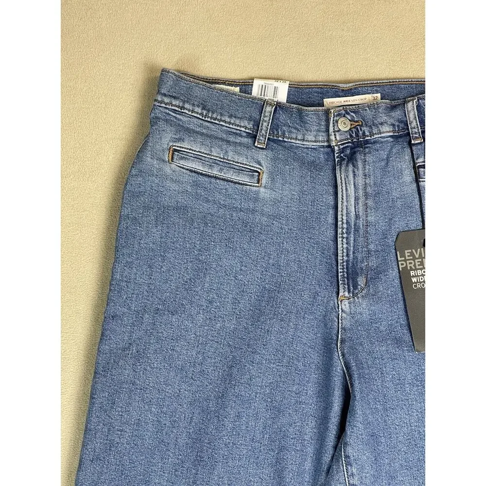 Levis Jeans Womens 32 Blue Premium‎ Ribcage Wide Leg Crop Denim Adult NWT